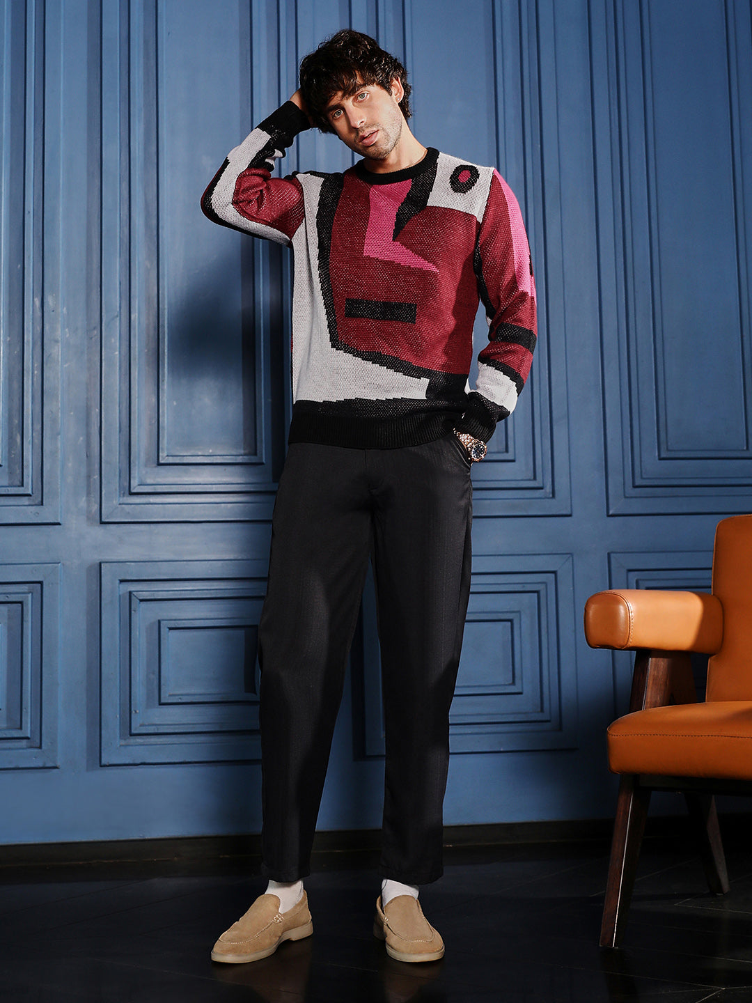 Abstraction-Jacquard Pullover Sweater